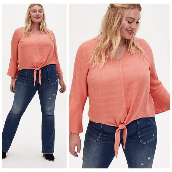 Torrid Coral Textured Tie Front Midi Blouse Womens Sz L/12 (Torrid 0) NWT $46 - Picture 1 of 13